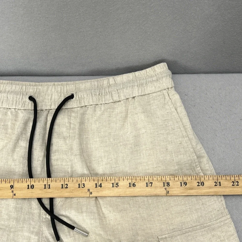 H&M Mens Cargo Pants Medium Ivory Beige Linen Blend Slim Straight Fit Drawstring